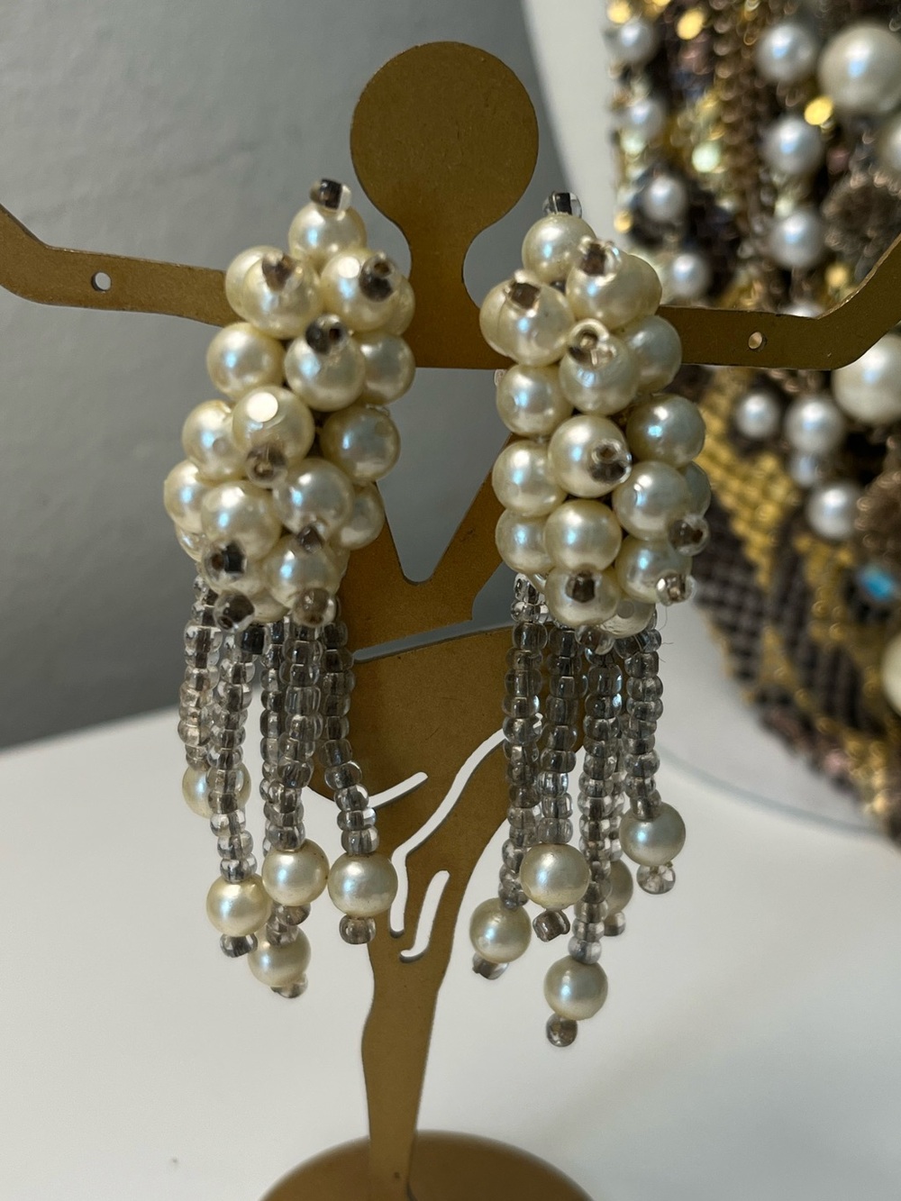 1960s Style Faux Pearl Fringe Clip On Earrings